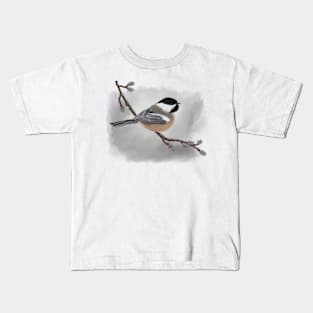 Chickadee Soft Pastel Drawing on Grey Kids T-Shirt